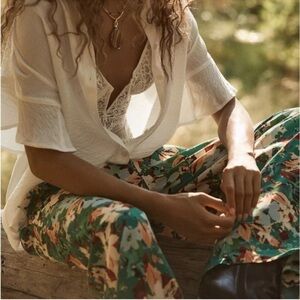 Anthropologie Plenty by Tracy Reese Green Cream Floral Wide-Leg Pants Boho XS